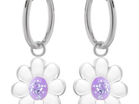 ZILVEREN OORRINGEN MET HANGER, MADELIEFJE MET PAARS HART MET GLITTERS