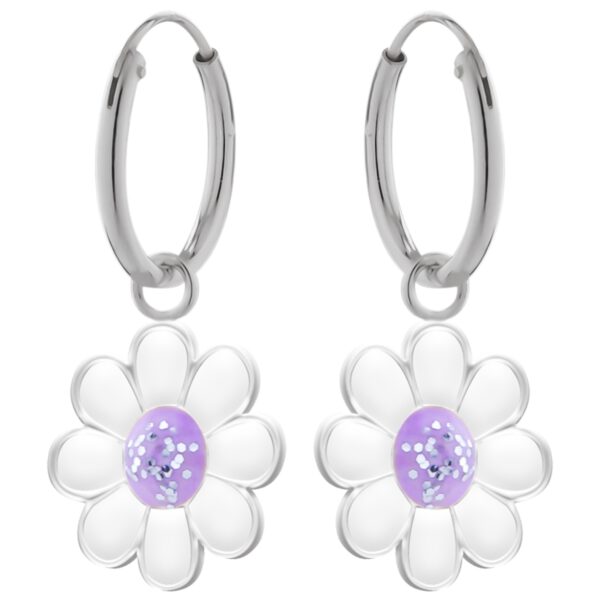 ZILVEREN OORRINGEN MET HANGER, MADELIEFJE MET PAARS HART MET GLITTERS