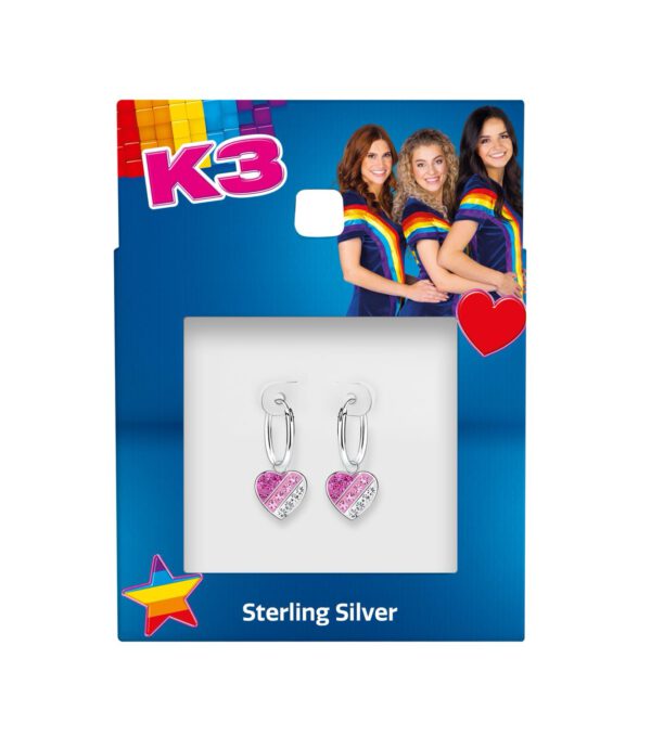 ZILVEREN OORRINGEN MET HANGER, K3 COLLECTIE, HART IN ROZE TINTEN MET KRISTALLEN