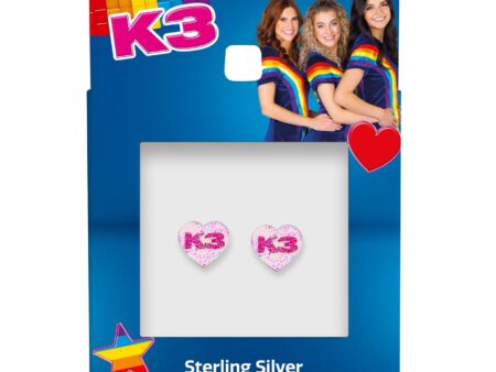 ZILVEREN OORSTEKERS K3 COLLECTIE, ROZE HART MET GLITTERS EN K3 LOGO