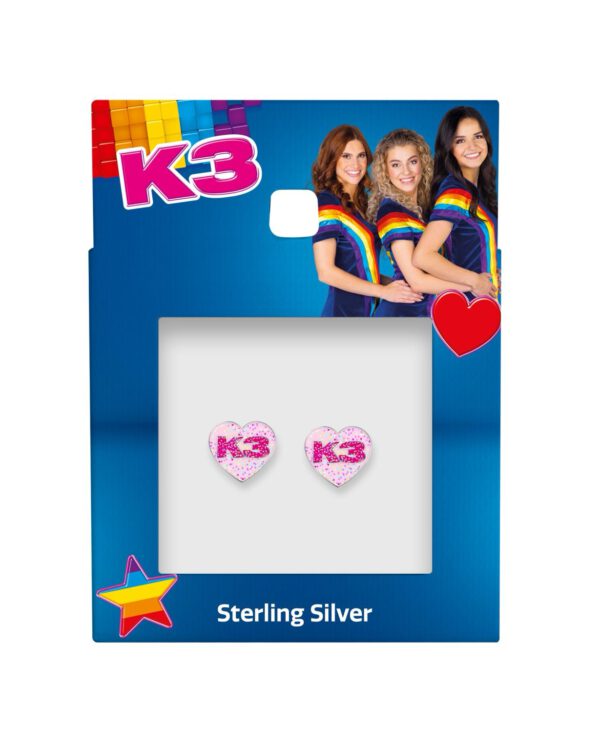 ZILVEREN OORSTEKERS K3 COLLECTIE, ROZE HART MET GLITTERS EN K3 LOGO