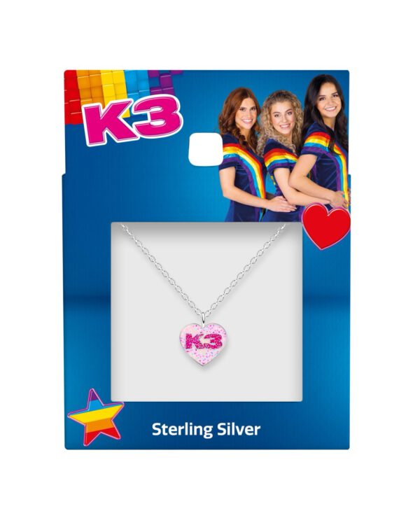 ZILVEREN KETTING K3 COLLECTIE, ROZE GLITTERHART MET K3 LOGO