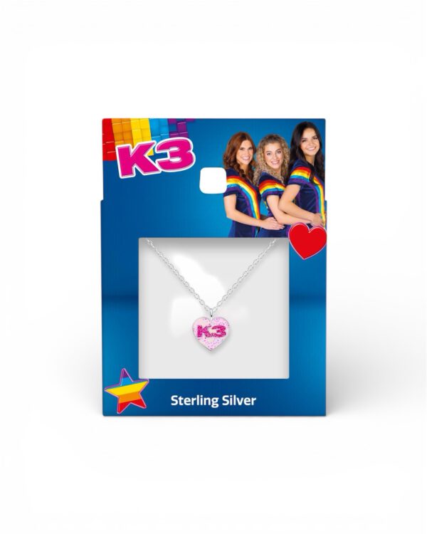 Zilveren k3 ketting roze glitterhart