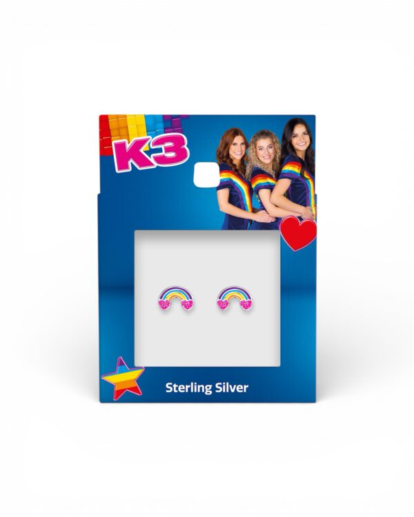 Zilveren k3 oorbellen regenboog hartjes