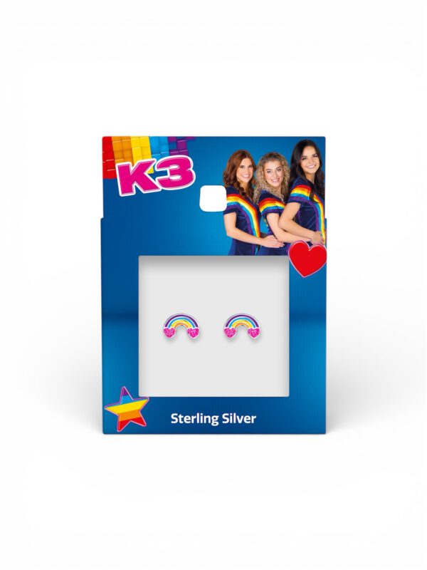 Zilveren k3 oorbellen regenboog hartjes